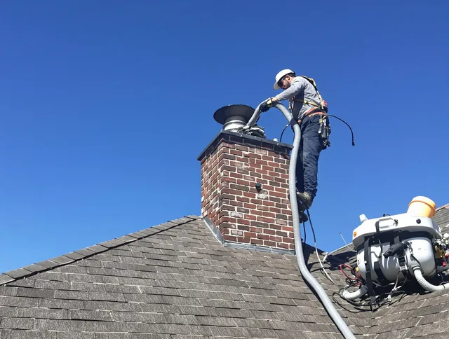Dedicated New Franklin Chimney Sweep team member cleaning a chimney in New Franklin, OH